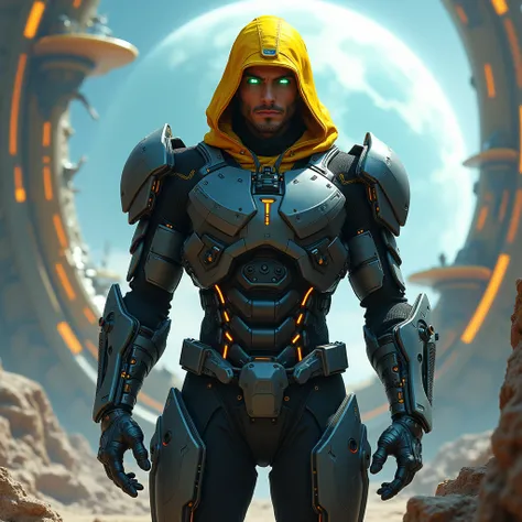  Make a futuristic exoskeleton . man.  his armor has two colors : black and gray. Your eyes are green, He wears a yellow hood .  He is in a futuristic setting 