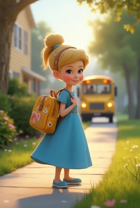 Create image of princess cinderella, in a disney pixar style, waiting for school bus, with her bag back, smiling, calm, yellow school bus, in the morning princess cinderella, disney character, disney 4D