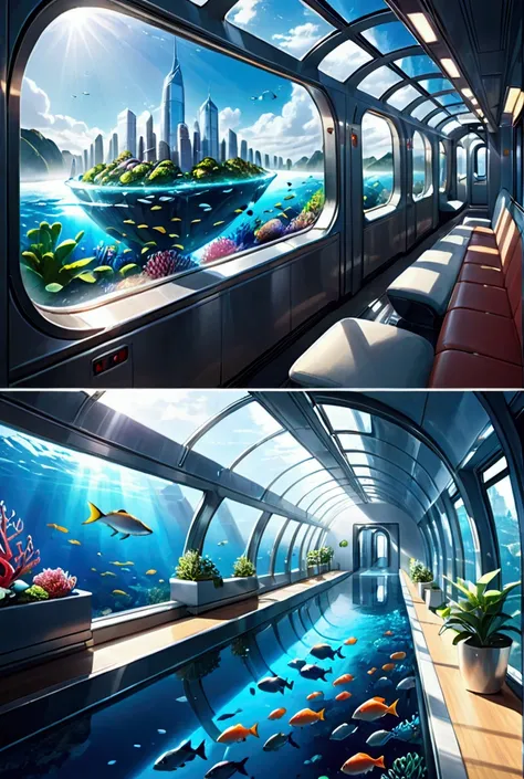  CG 8k A grand futuristic city built in the deep sea — huge glass domes are piled up and 、 lush greenery and bright coral cover the building through a transparent tunnel — the interior of the building is filled with warm light 、 the living rooms and office...