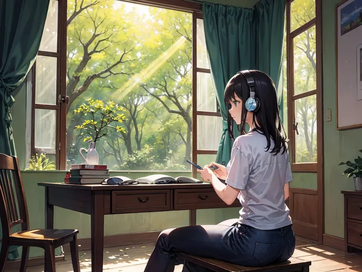 ((masterpiece)), (Best Quality), (detailed), ( 1 girl), (Internal Data Stream), Japanese style room, 19 year old girl, (looking away: 2), black middle hair, notebook and pencil on desk, many books on desk, (lean her chin in her hands: 1.3), forest outside ...