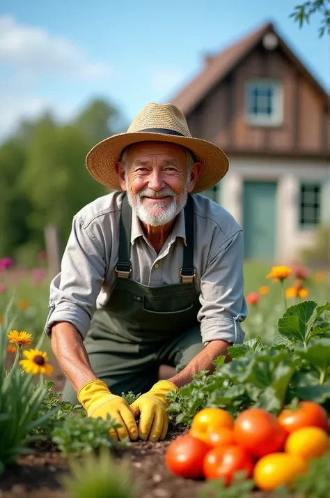 Create an image of an elderly man with a warm smile, wearing a worn straw hat and gardening gloves, tending to a colorful garden filled with flowers and vegetables. The background features a quaint cottage and a clear blue sky.”