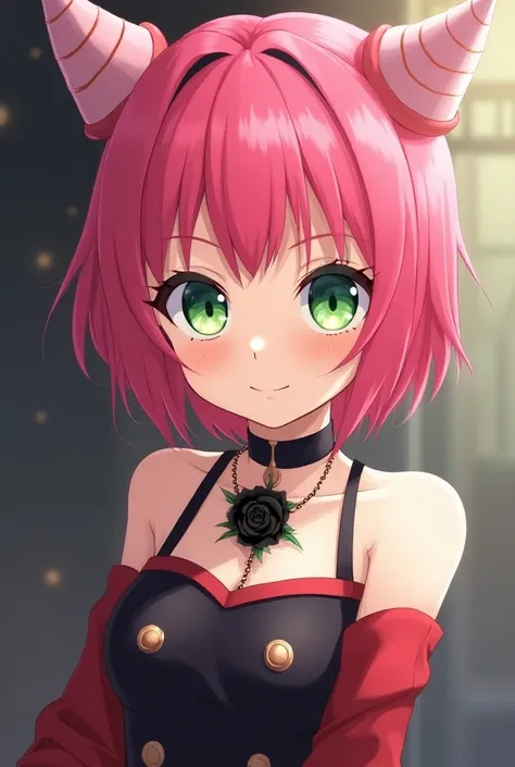 The character Anya from SpyX Family 
with a black rose necklace around the neck 
In anime, She and Anya Forger from SpyxFamily her hair is pink and she has horn-shaped cones in her hair with big green eyes