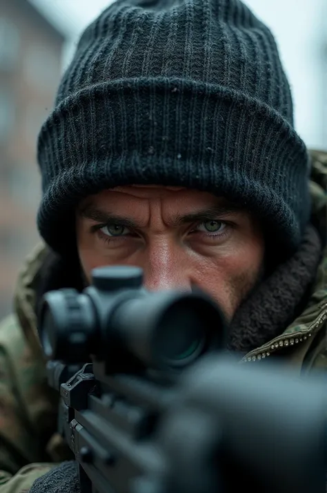 A handsome man with green eyes is a sniper wearing a black woolen hat 