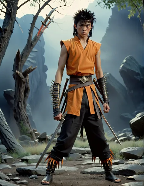 highly realistic super panavision DVD screengrab from a 1982 dark fantasy film like Excalibur, featuring a young male shaman named Yoh Asakura. He has a determined expression, short spiky black hair with orange tips, and wears a sleeveless black jumpsuit t...