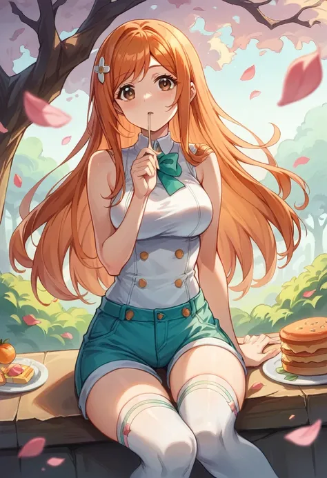 Orihime Inoue, Orihime Inoue, Long Hair,  Orange Hair , ( Brown Eyes :1.5),
break sthighhighs,  shorts ,  sleeveless, Food, Foodie, pink Foodie,
break looking at viewer,
break outdoors,
break (masterpiece:1.2), Best Quality,  High Resolution ,  Unity 8K Wa...