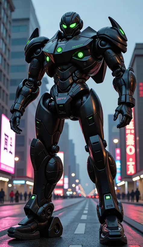 A massive Lamborghini-inspired mecha, covered in matte black and glowing neon green accents. The mecha’s muscular frame stands low to the ground, with sharp, angular armor that resembles the aggressive design of a Lamborghini. Its glowing green eyes scan t...