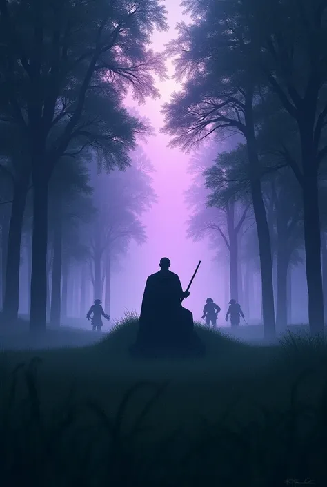  a very large and spacious meadow , with trees with leaves around , At night with a purple aura in the background ,  and in the background a guy dressed in black sitting on a grass throne watching a guy battle with shadows with a human silhouette that come...