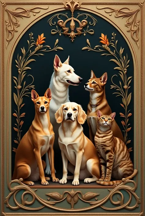  A Renaissance logo featuring dogs and cats, With the name "Victor Miguel Animal Ateliê Aesthetics "