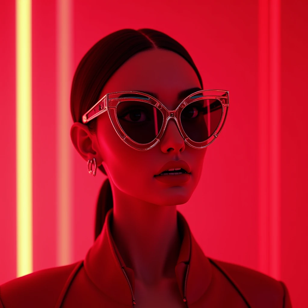 The model is wearing glass sunglasses animation neon red lights animation 