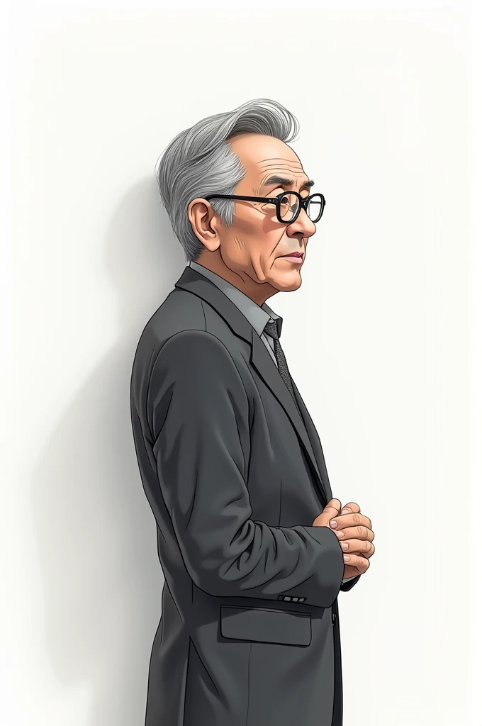 A gray-haired man ,with glasses,rens drawing style,Distant full body white background