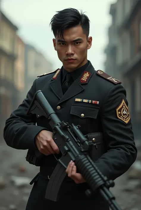 Young black-haired man in soldiers suit with a gun 