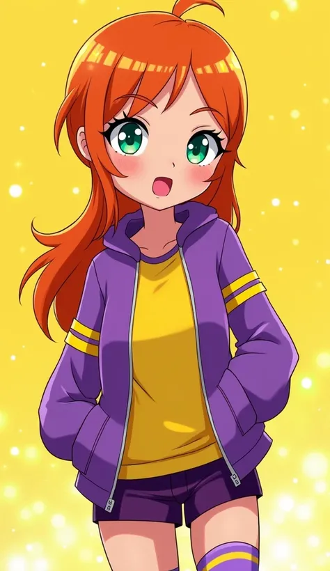 (Close up), (Close up from top of head to bottom of thigh) ((Barbara from DC Super Hero Girls 2019)), Barbara is a short, slim and fair-skinned teenager with rosy cheeks, bright-emerald eyes and long, hot-orange hair with a brighter-colored ombre on the bo...