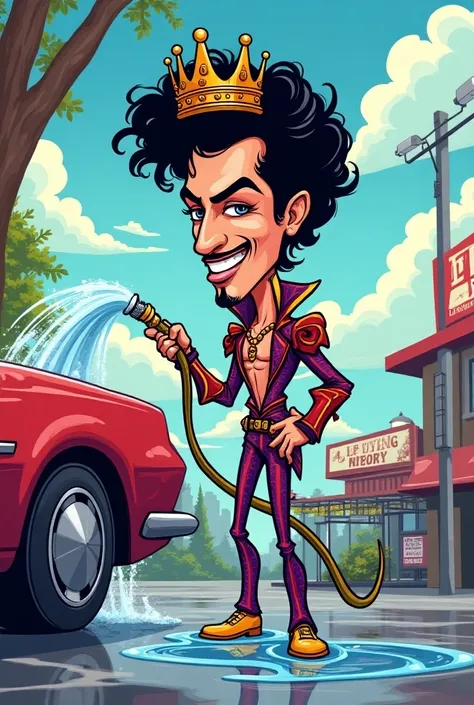 I created a cartoon image of prince with crown holding a water hose washing a car in a car wash

