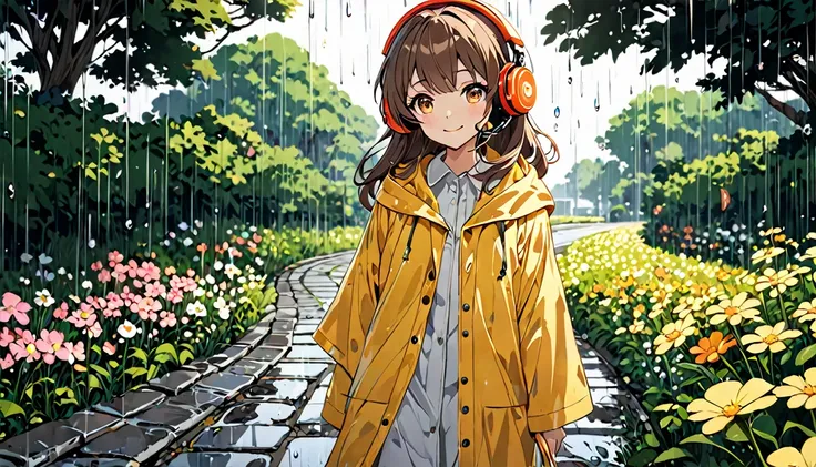 background：Rain-soaked cobblestone road。  
expression：Relax、Smile a little。  
Costume：Simple raincoat。  
Pose：While walking slowly、Look at the roadside flowers。  
scene：After the Rain々There is a fresh air。  

(Brown haired woman wearing headphones), (Walki...