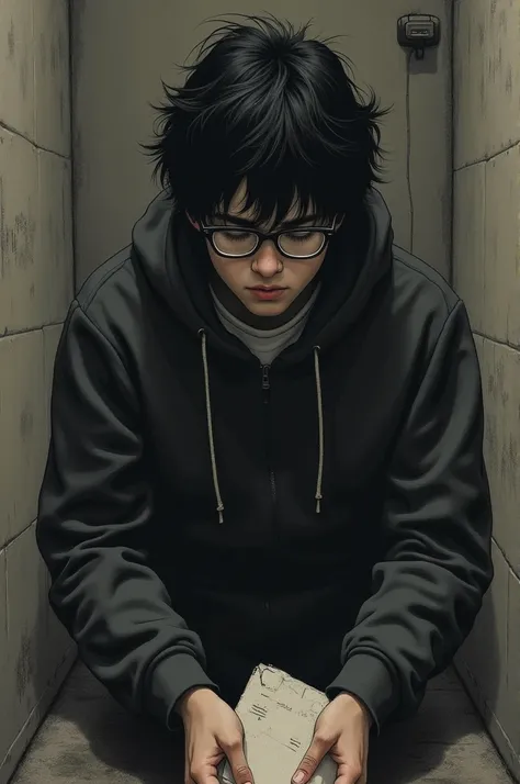  Create me a drawing of a sad f
Outsider teenager, Who wears glasses and black hair  