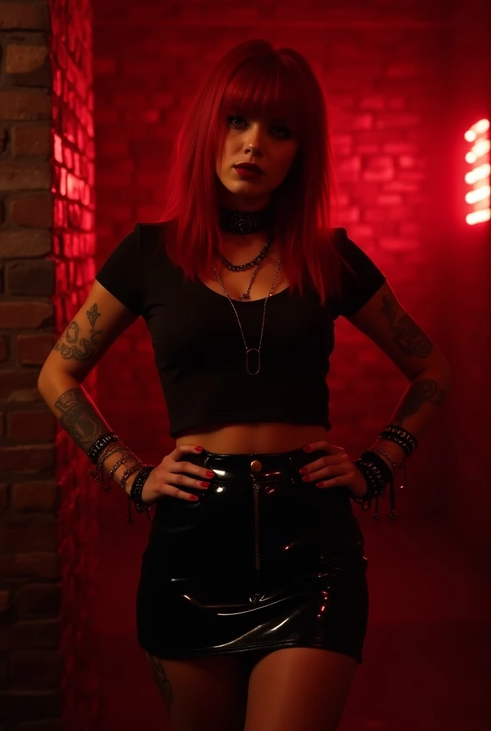 a beautiful voluptuous goth girl with red hair short sleeve black t-shirt with choker with a hoop latex mini skirt with tache handles cross charms with tattoos on the arms with a background a bdsm dungeon in red with red LEDs, posing sexy for the camera