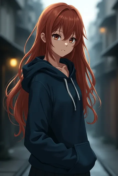 A female anime character in her late 20s, auburn, long and straight hair, brown eyes and tan skin, toned and slender body. Relate her to the anime Jujutsu Kaisen. Shes wearing a dark blue hoodie.