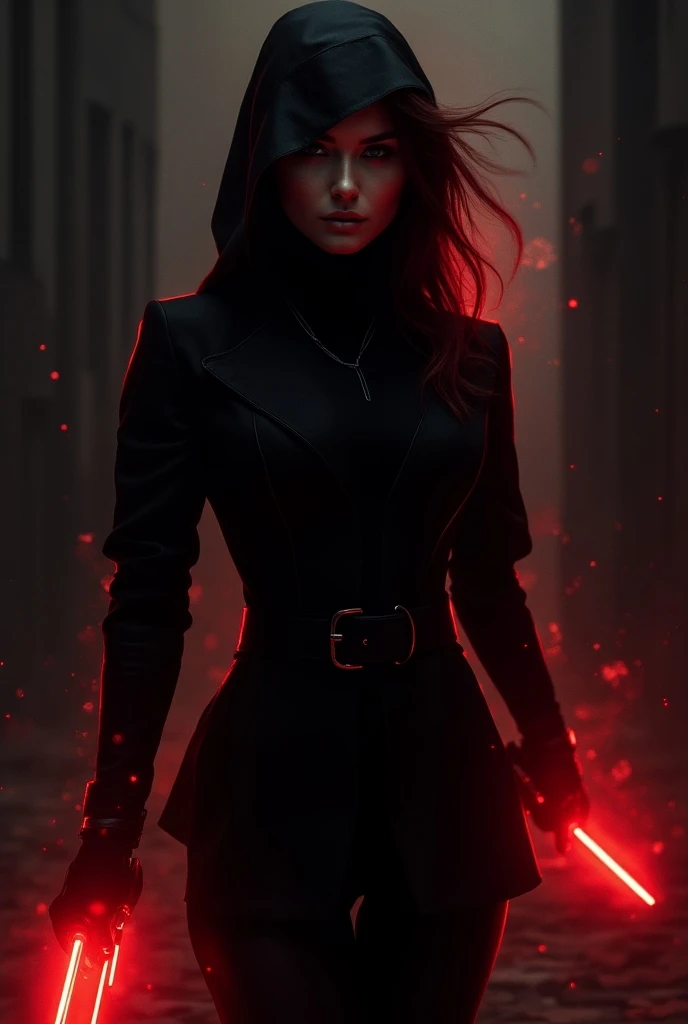 Create a wallpaper with a woman in black clothes with red animated style details 