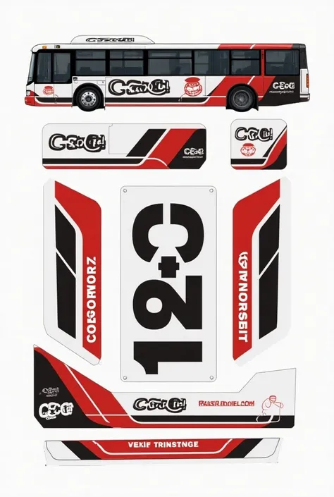  Show me 5 parts to plot the side of a bus with the name of C & C transports in the colors white and red and black