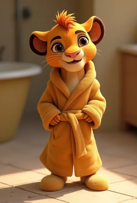 Simba in a bathrobe and slippers 