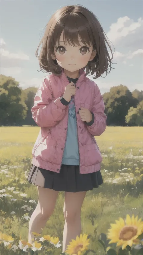  Create an image of a four-year-old girl, small,  brown hair , in a field, s around you  