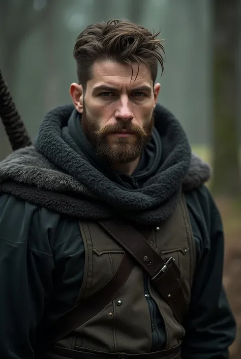 A handsome 22-year-old white-skinned boy with a texured haircut, brown, medium beard, European race, thin face, dressed as a Romanian people with a sword, lives in BC. He is a broken person, with a skeletal face
Also a strong and skilled warrior, he frowne...