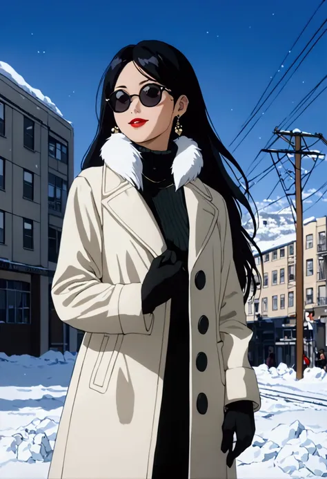 sam yang,, 1girl, animal, animal on shoulder, bird, black-framed eyewear, black eyes, black hair, blue sky, cityscape, clear sky...