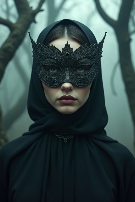 retrato de uma mulher usando uma máscara, motion, surrealist, darkness, dark fantasy, dramatic light, by Aitor Throup, on foggy forest