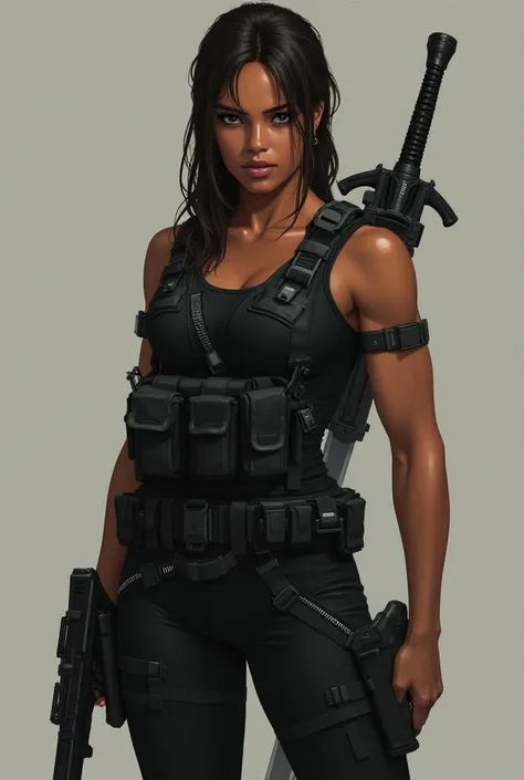 Beautiful brown girl in black military clothing with a gun and two swords on her back 