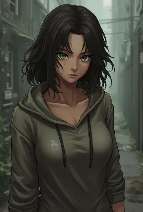 A female anime character in her late 20s, dark brown, shoulder length and wavy hair, green eyes and pale skin, toned and slender body. Relate her to the anime Attack on Titan. Shes wearing a grey hoodie.