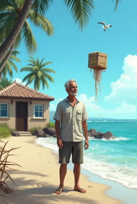 A man standing in front of his house on the beach and a package coming out of the depths of the sea to him