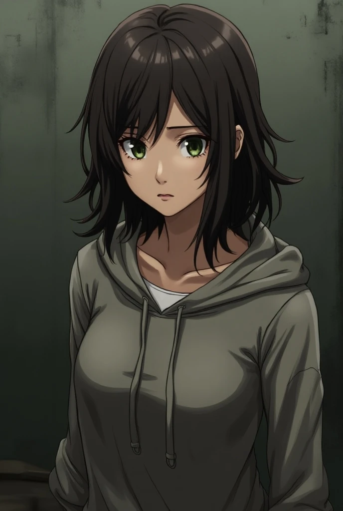 A female anime character in her late 20s, dark brown, shoulder length and wavy hair, green eyes and fair skin, toned and slender body. Relate her to the anime Attack on Titan. Shes wearing a grey hoodie.