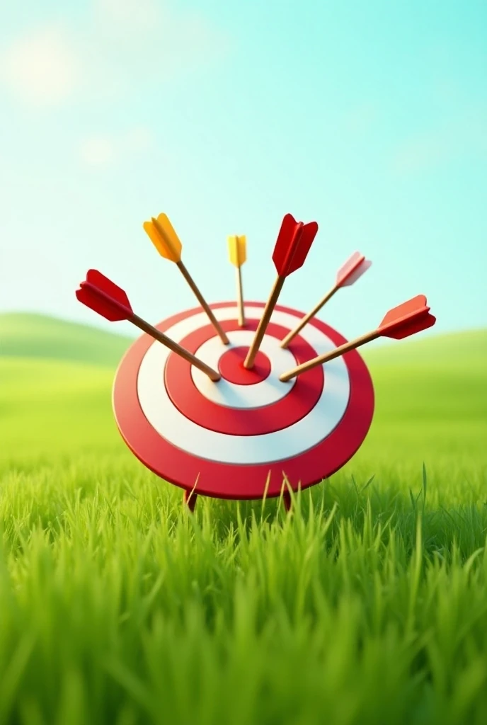  Red and white target with 6 arrows attached, on a flat field with green grass 
