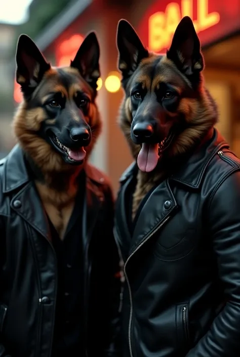 Two muscular anthropomorphic German shepherd dogs in black leather clothes, with menacing smiles, with scars and cigarettes, in front of a beer hall .CINEMATIC, ULTRAREALISTIC, 4K