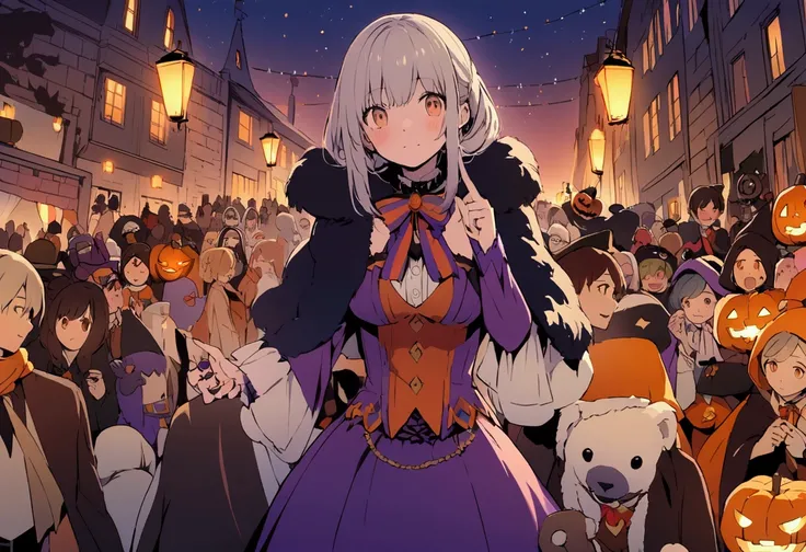 Illustration wallpaper、Halloween night town full of people in costumes