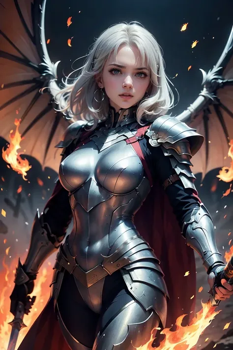 (( Ultra-fine illustration, 8k, masterpiece :1.2, Sharp focus :1.2,  depth of field:1.2)), Beautiful Swordsman,  absurd,  high definition facial and skin texture , Silver Hair, Jet Black Armor, Flame Armor, Cloak on Fire, Flaming Sword, Wings of Fire, Dete...