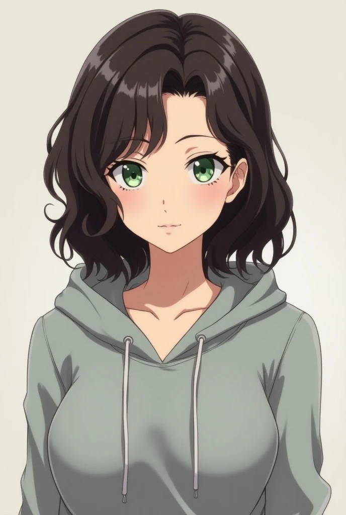 A female anime character in her late 20s, dark brown, shoulder length and wavy hair, green eyes and fair skin, toned and slender body. Shes wearing a grey hoodie.