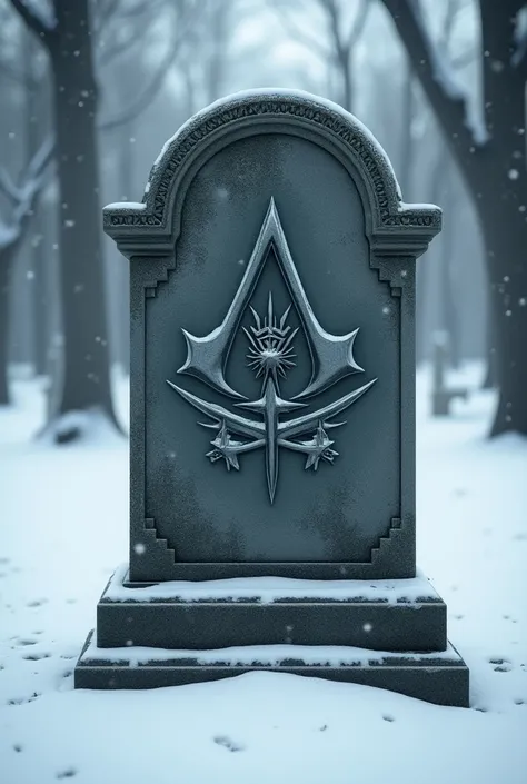 Assassins Creed symbol  ( with no other image next to the symbol) embedded on a solid headstone , With snow background 

