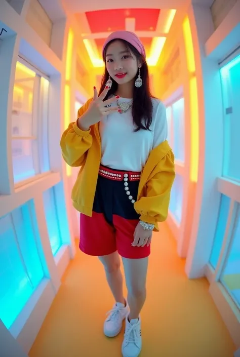 black in place on the head , wears a white T-shirt in a lined shirt fashionable and trendy yellow style wears wide shorts red black combination wears sport sneakers,,  a beautiful Korean woman wearing a pink hijab in a decorated brooch with long earrings i...