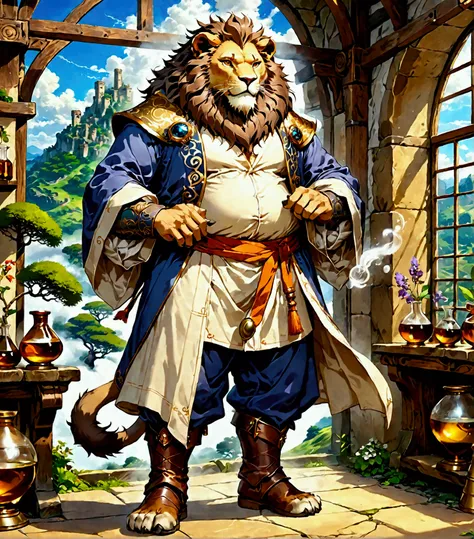 character focus, full body, looking away, dynamic angle, alchemist, a plump middle-aged lion man, little smile, alchemy robe, st...