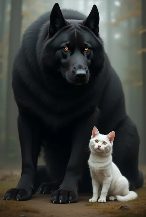 Giant black dog with a white cat next to it