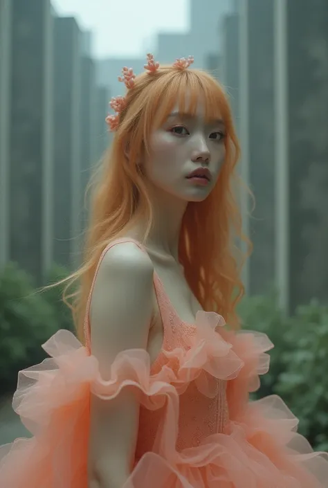 low angle upperbody pose of transparent haute couture beautiful booty booty (puffy nipples) asian fashion model with pale orange hair, ethereal dreamy foggy, photoshoot by alessio albi, editorial fashion magazine photoshoot, fashion poses, in front of brut...