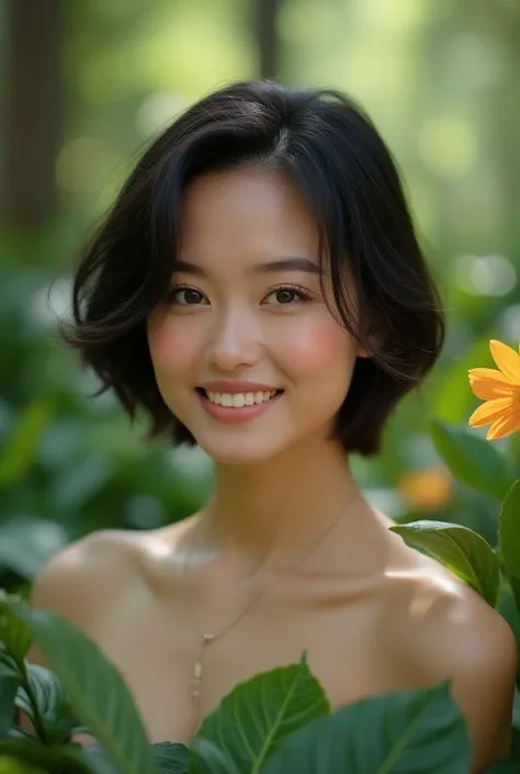 Thai woman with short hair, smiling, beautiful, standing in the middle of nature, sexy, sharp portrait