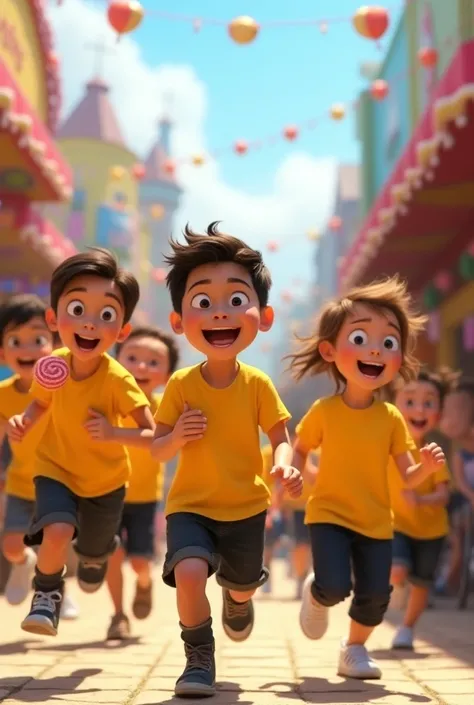 Cartoon of boys and girls having fun on carnival, 3D animation movie poster, animated movie poster, pixar 3d animation style, Pixar Renderman rendering, virtual 8 miles,  animated movie, Disney Pixar 3D Style, niños y niñas felices corriendo, todos vestido...