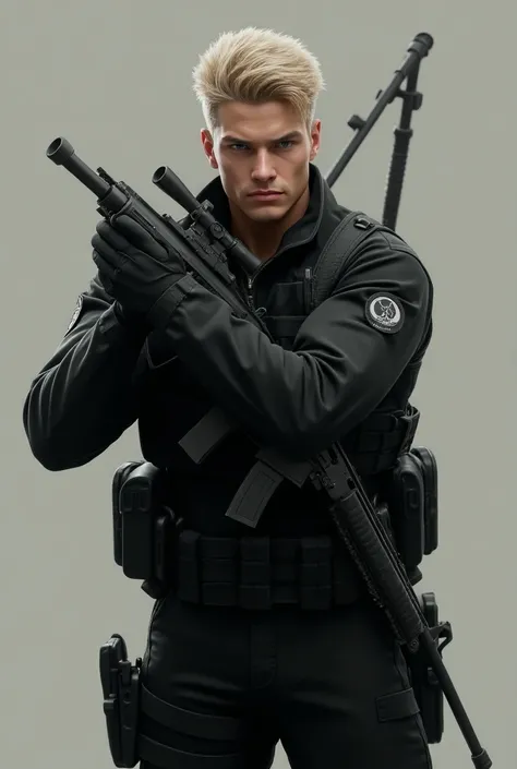 Handsome young white-skinned blond man in black military clothing with a gun and a sniper in his back 