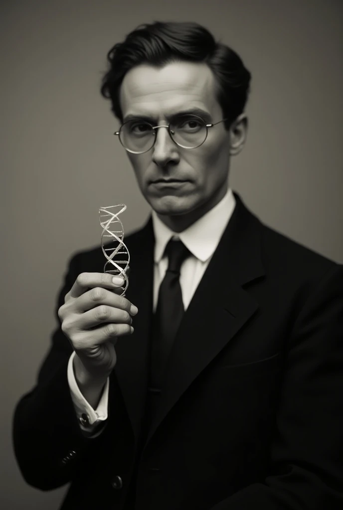 Gregori Mendel with his most iconic photo holding a strand of DNA
