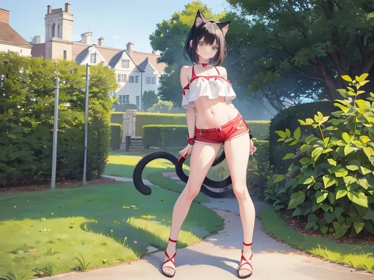 (( perfect anatomy )), ((ultra realistic)), ((perfect image)), ((perfect face)), ((ultra detailed)), ((full body)), ((perfect body)),((semi-human))  a girl with cats ears and tail , short hair(( peaked shoulder-length hair)), Black hair with blonde highlig...