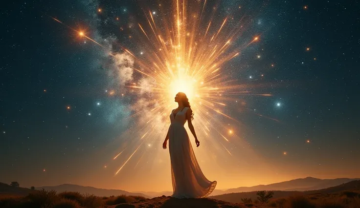 Our European woman stands in the middle of a vast cosmic expanse, her figure glowing with light. She radiates like a beacon in the darkness, surrounded by countless bright stars and shooting comets. The time stands still as she prepares to take flight, her...