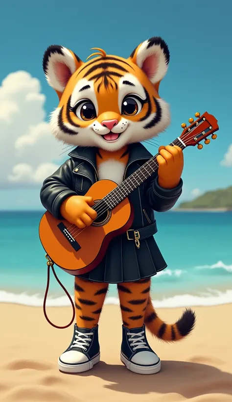 The cutest brown tiger cub ,  is wearing a short black leather jacket on her arms she holds a guitar with her paws、 wearing a black leather skirt and black all-star sneakers with white laces , with hoop earrings in her left ear ,  Honolulu Beach in the mid...