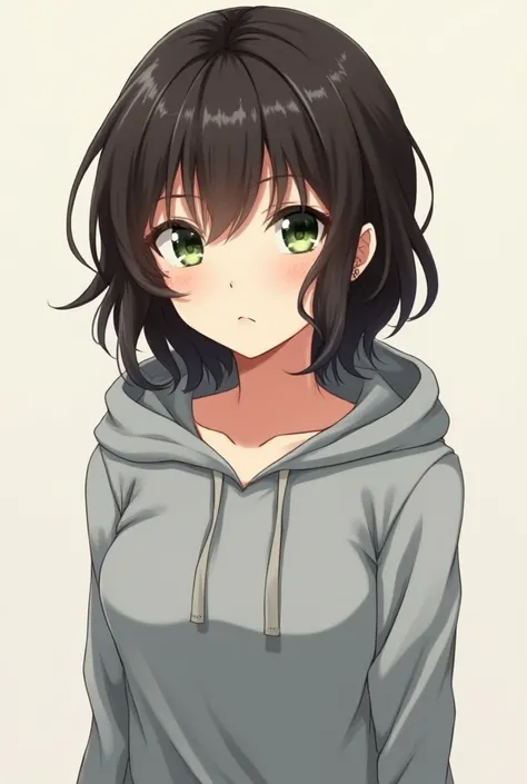 A female anime character in her late 20s, dark brown, shoulder length and wavy hair, green eyes and fair skin, toned and slender body. Shes wearing a grey hoodie.